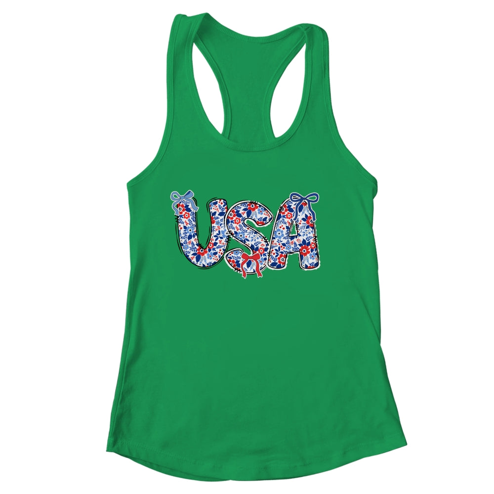 Floral Coquette USA Retro America 4th Of July Patriotic Girl Shirt & Tank Top | siriusteestore