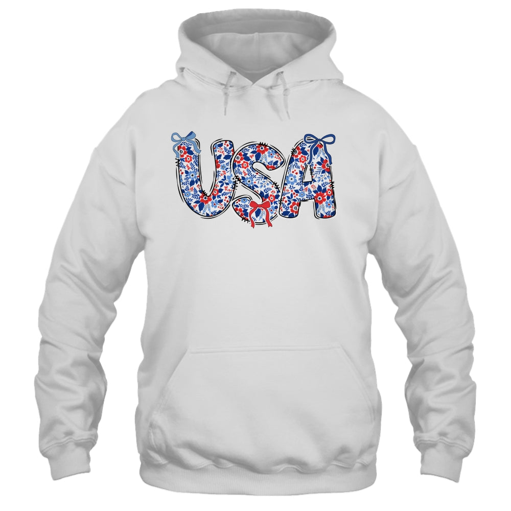 Floral Coquette USA Retro America 4th Of July Patriotic Girl Shirt & Tank Top | siriusteestore