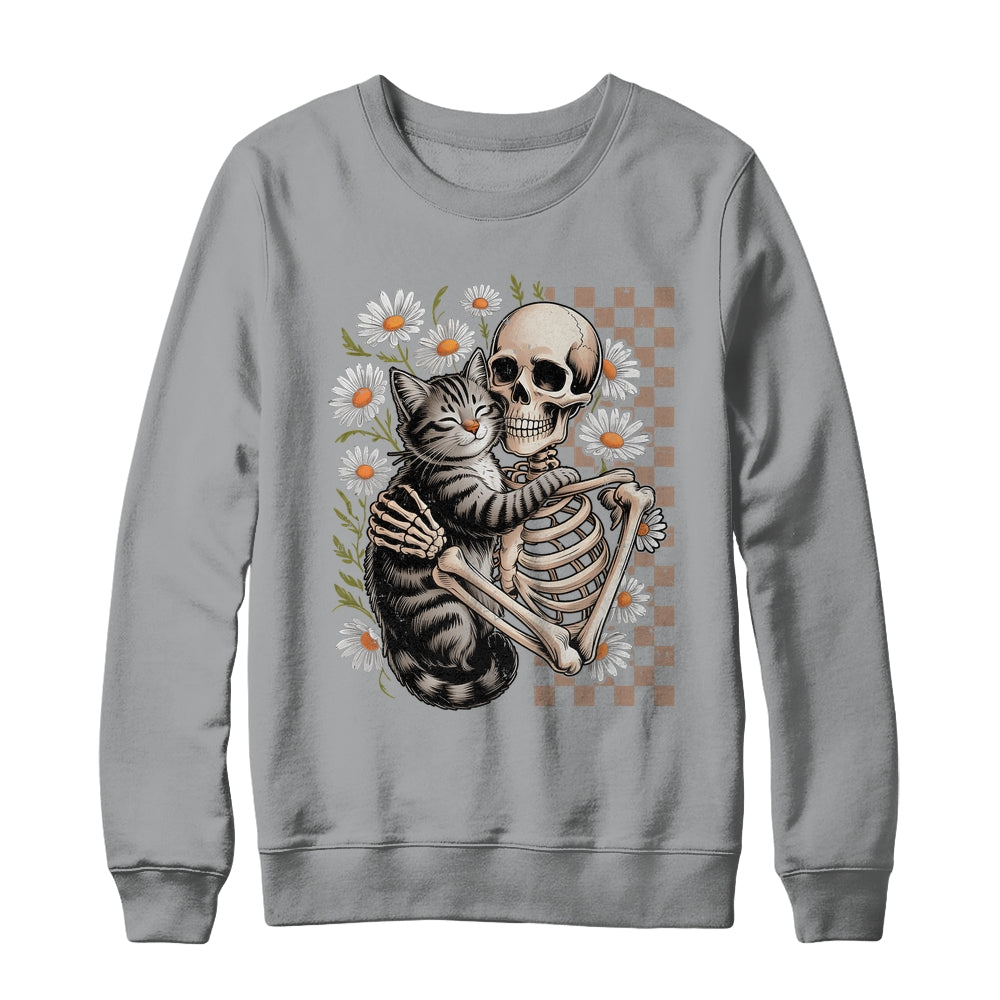 Floral Skeleton Hugging Cat Halloween Cat Lover For Mom Dad Shirt & Sweatshirt | siriusteestore