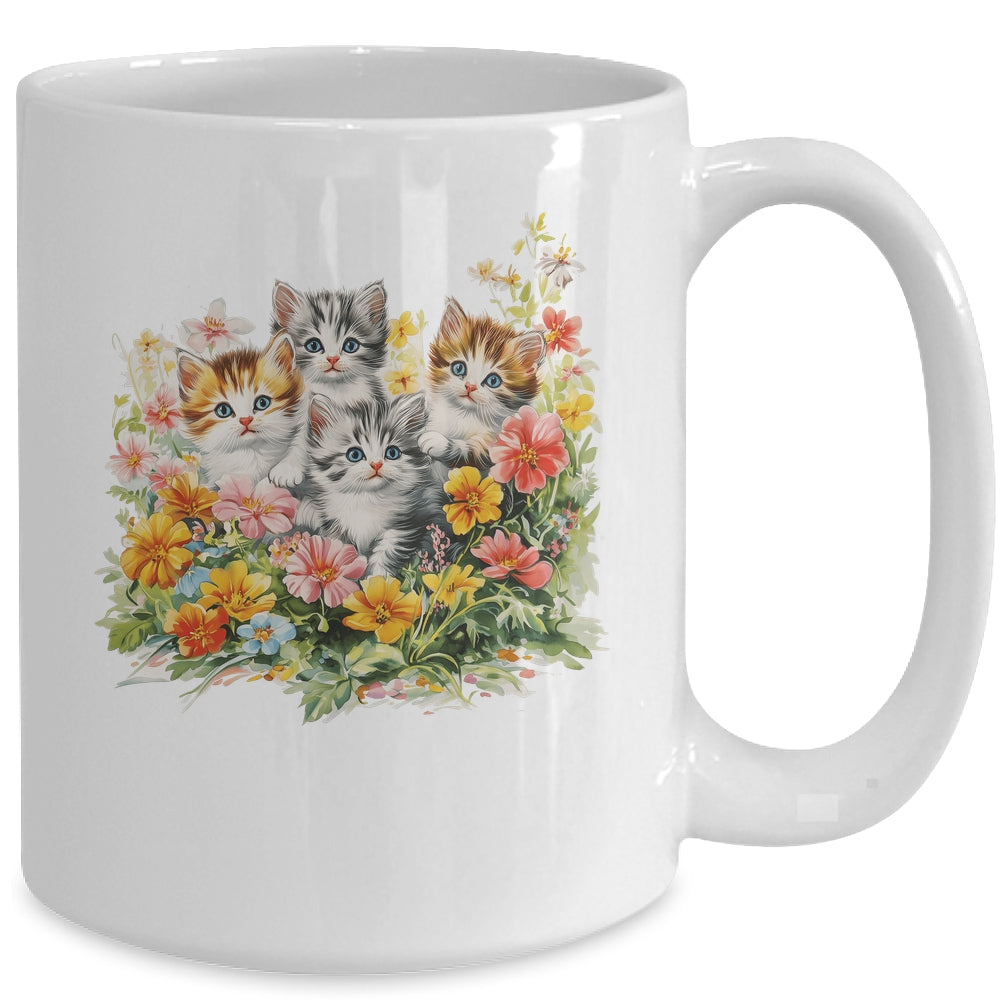 Floral Vintage Aesthetic Painted Kittens Cat Lover Flower Mug | siriusteestore