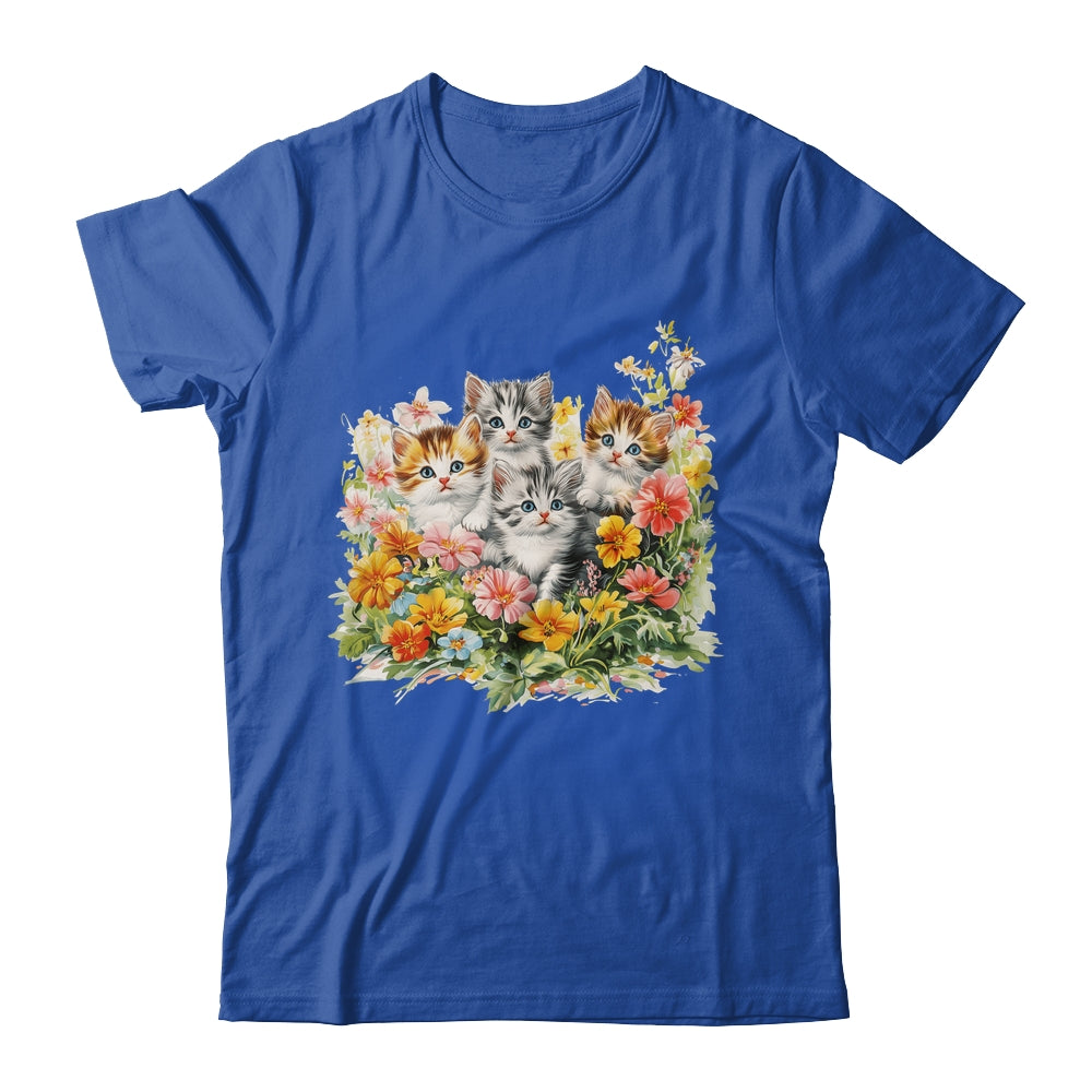 Floral Vintage Aesthetic Painted Kittens Cat Lover Flower Shirt & Tank Top | siriusteestore