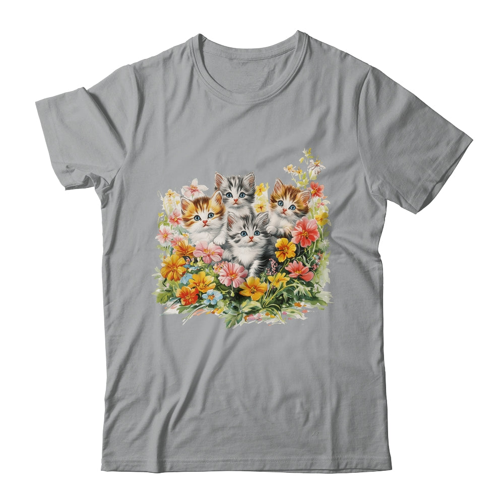 Floral Vintage Aesthetic Painted Kittens Cat Lover Flower Shirt & Tank Top | siriusteestore