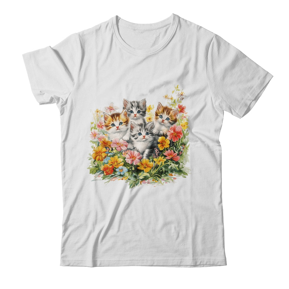 Floral Vintage Aesthetic Painted Kittens Cat Lover Flower Shirt & Tank Top | siriusteestore