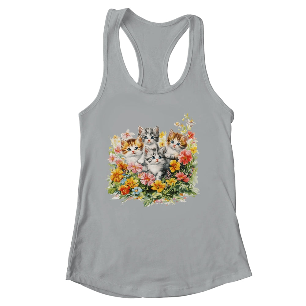 Floral Vintage Aesthetic Painted Kittens Cat Lover Flower Shirt & Tank Top | siriusteestore