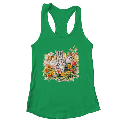 Floral Vintage Aesthetic Painted Kittens Cat Lover Flower Shirt & Tank Top | siriusteestore