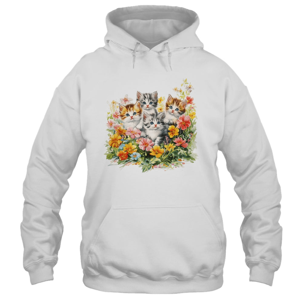 Floral Vintage Aesthetic Painted Kittens Cat Lover Flower Shirt & Tank Top | siriusteestore