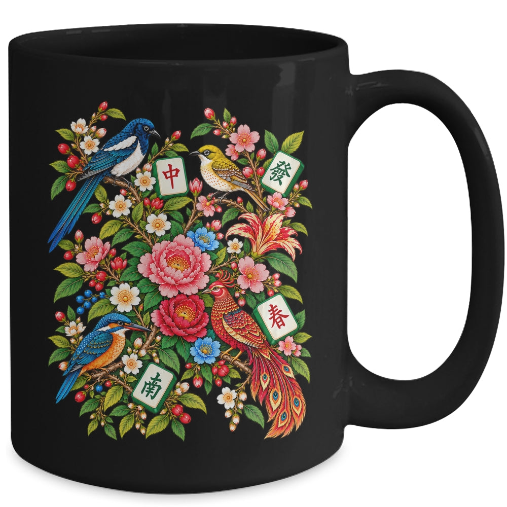 Folk Art Mahjong Tiles Birds Floral Mahjong Lovers Mug | siriusteestore