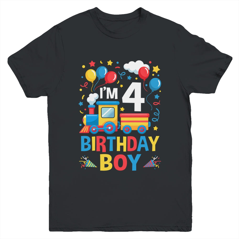 Four 4yr 4th Kids Boys Girls Train Birthday Boy 4 Years Old Youth Shirt | siriusteestore