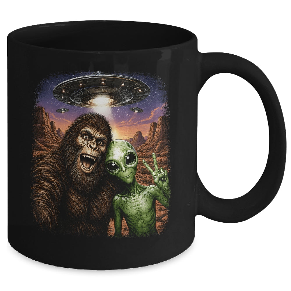 Funny Bigfoot Alien Sasquatch Selfie Rock On Peace Sign Ufo Mug | siriusteestore