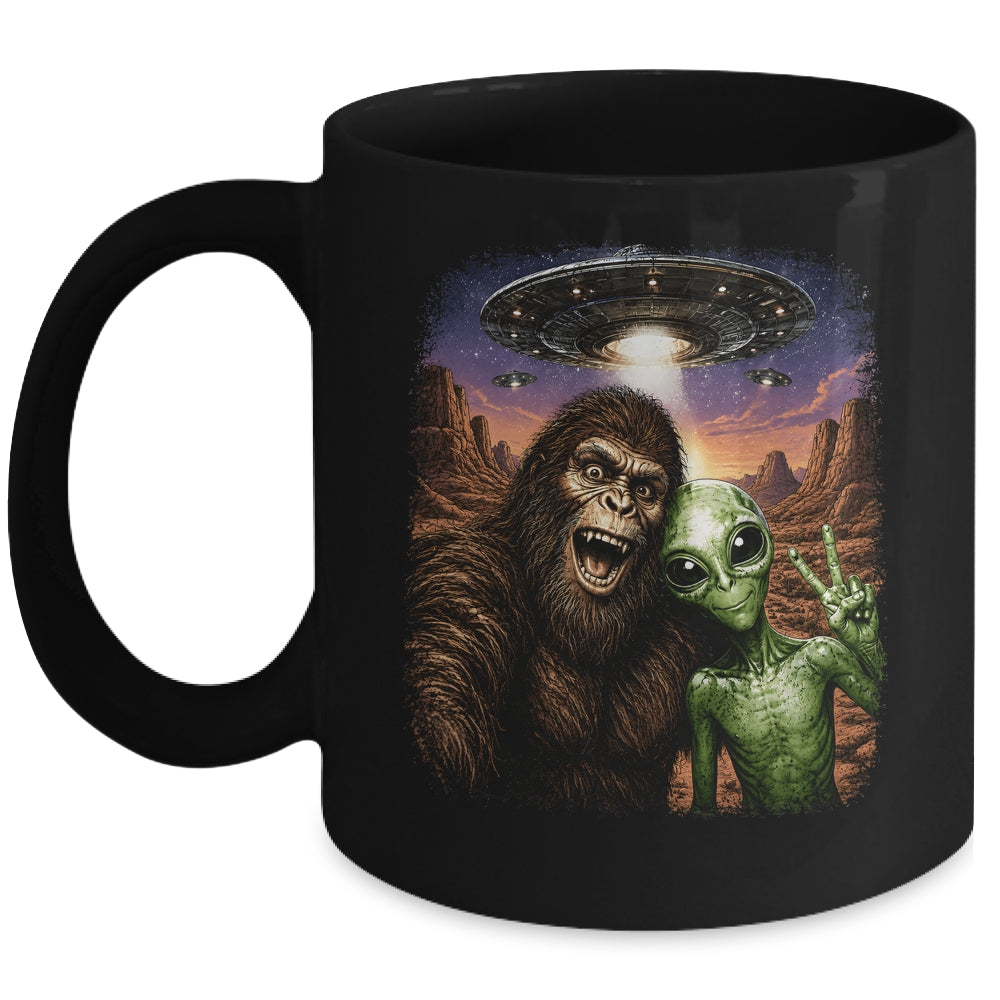 Funny Bigfoot Alien Sasquatch Selfie Rock On Peace Sign Ufo Mug | siriusteestore
