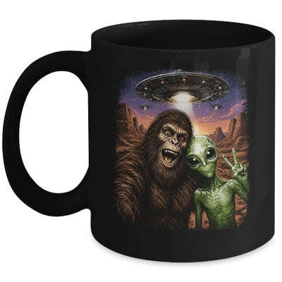 Funny Bigfoot Alien Sasquatch Selfie Rock On Peace Sign Ufo Mug | siriusteestore