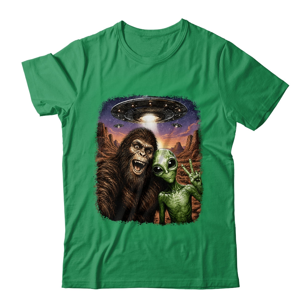 Funny Bigfoot Alien Sasquatch Selfie Rock On Peace Sign Ufo Shirt & Hoodie | siriusteestore