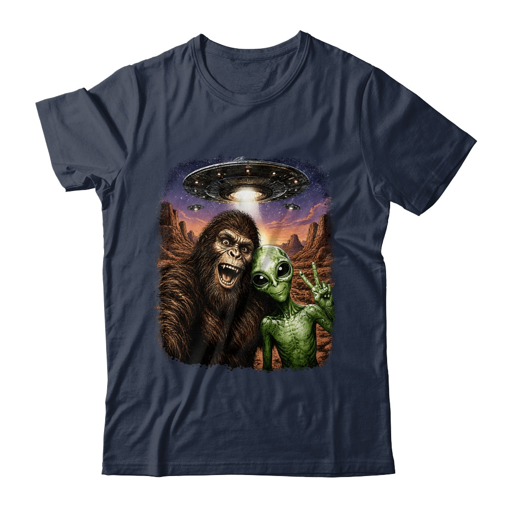 Funny Bigfoot Alien Sasquatch Selfie Rock On Peace Sign Ufo Shirt & Hoodie | siriusteestore