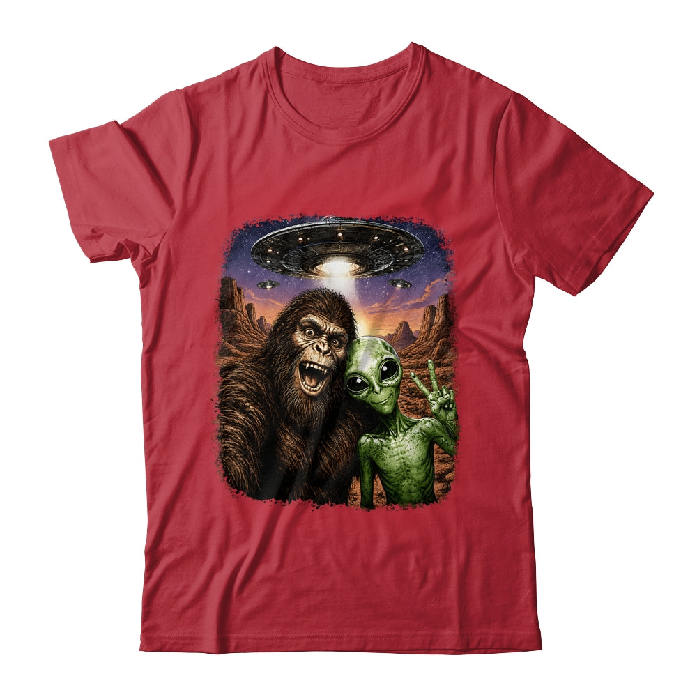 Funny Bigfoot Alien Sasquatch Selfie Rock On Peace Sign Ufo Shirt & Hoodie | siriusteestore