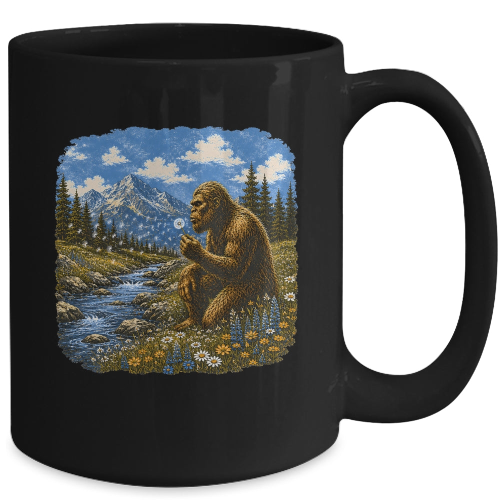 Funny Bigfoot Blowing Dandelion Sasquatch Wishes Vintage Art Mug | siriusteestore