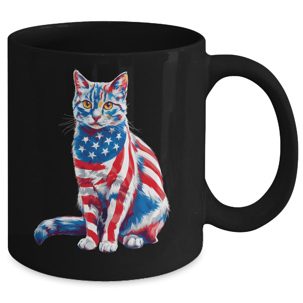Funny Cute Cat Green Eyes USA Flag 4th Of July Cat Lover Mug | siriusteestore