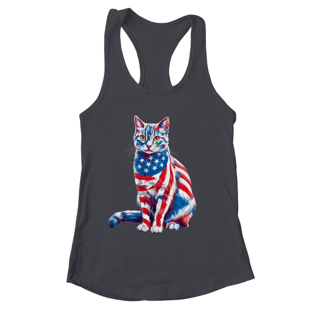 Funny Cute Cat Green Eyes USA Flag 4th Of July Cat Lover Shirt & Tank Top | siriusteestore