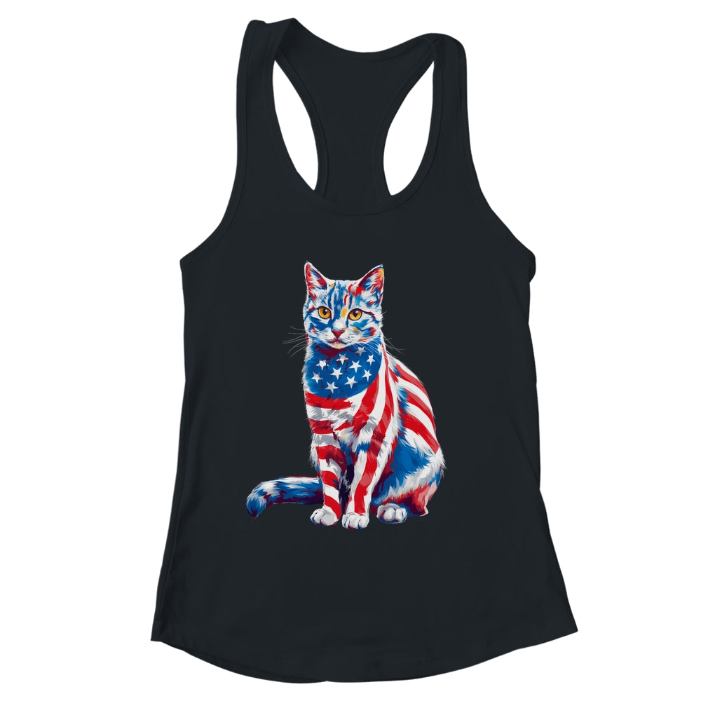Funny Cute Cat Green Eyes USA Flag 4th Of July Cat Lover Shirt & Tank Top | siriusteestore