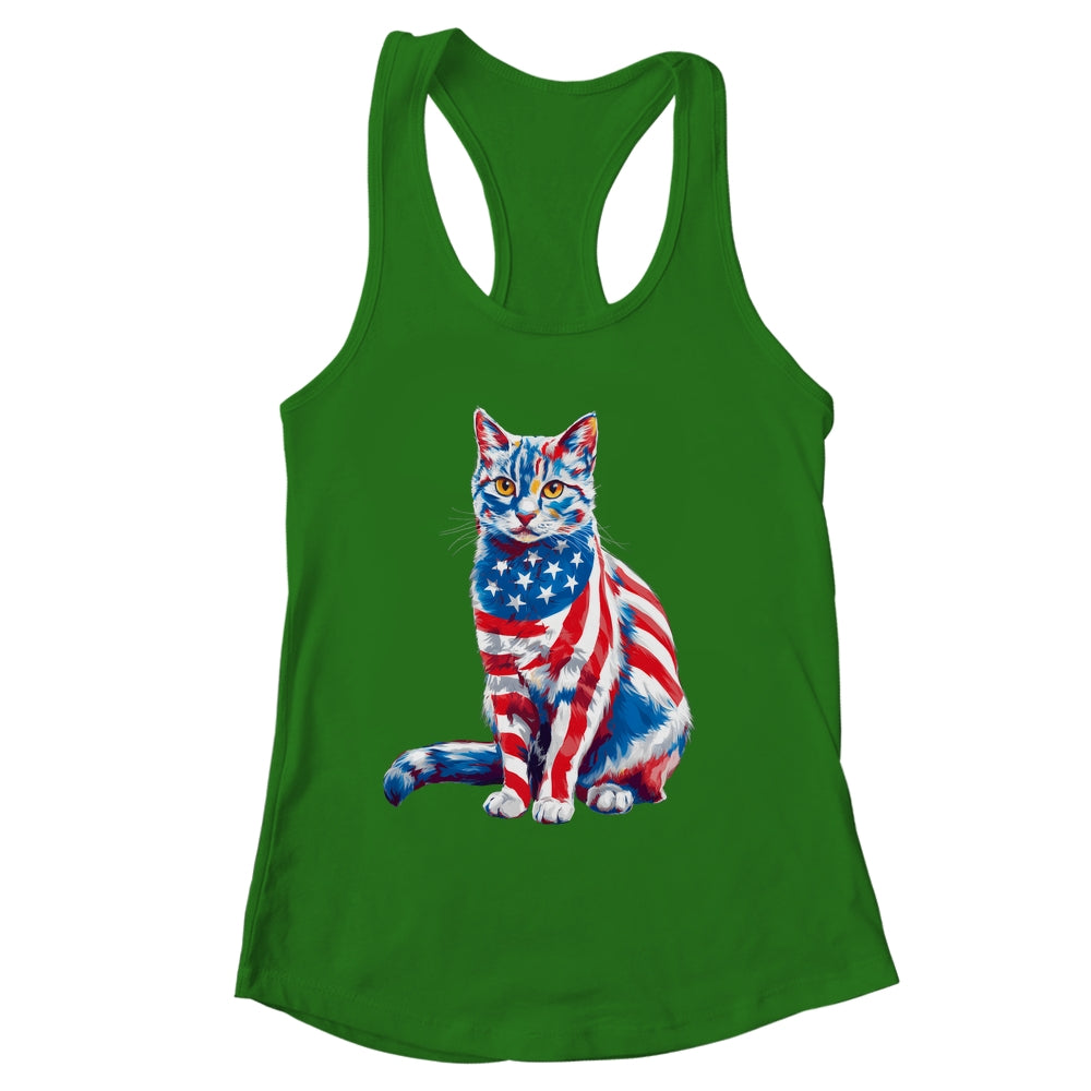 Funny Cute Cat Green Eyes USA Flag 4th Of July Cat Lover Shirt & Tank Top | siriusteestore