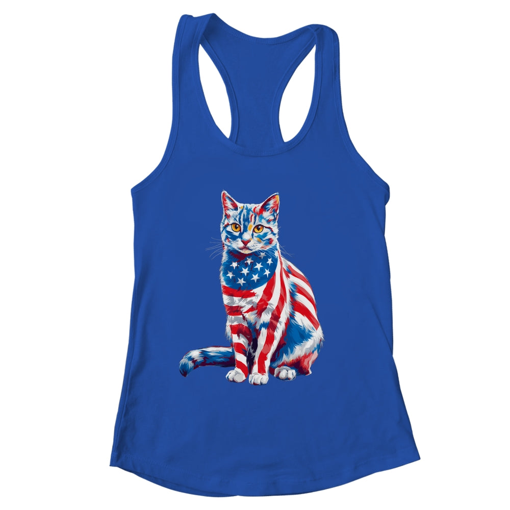 Funny Cute Cat Green Eyes USA Flag 4th Of July Cat Lover Shirt & Tank Top | siriusteestore