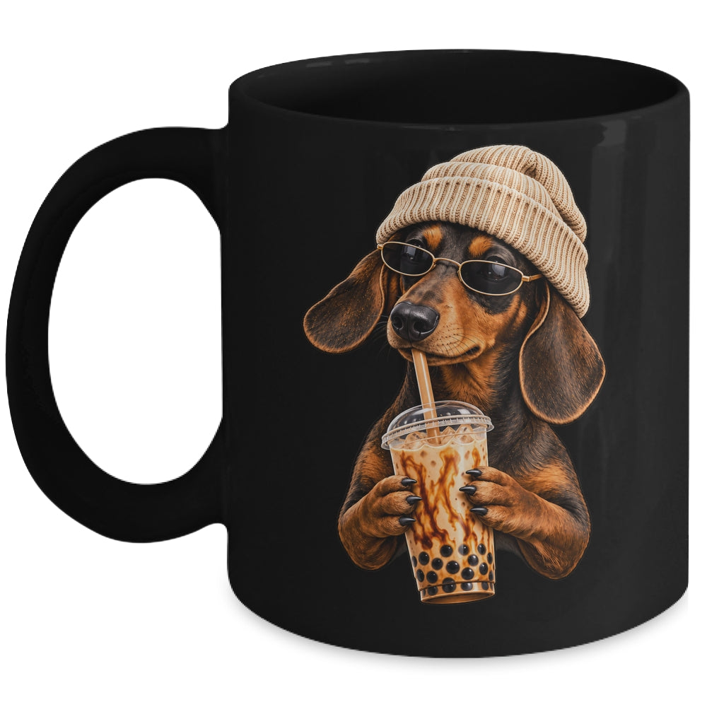 Funny Dachshund Hipster Dog Wiener Drinking Iced Coffee Mug | siriusteestore