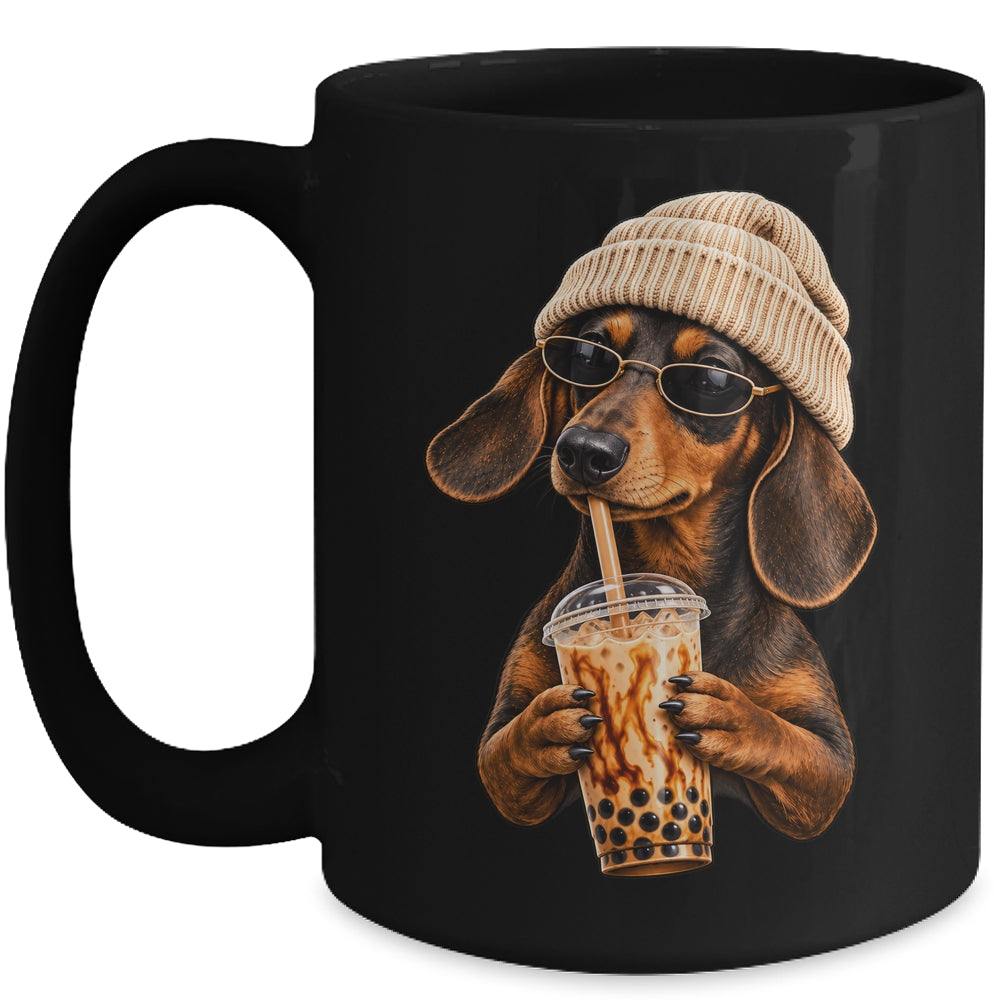 Funny Dachshund Hipster Dog Wiener Drinking Iced Coffee Mug | siriusteestore