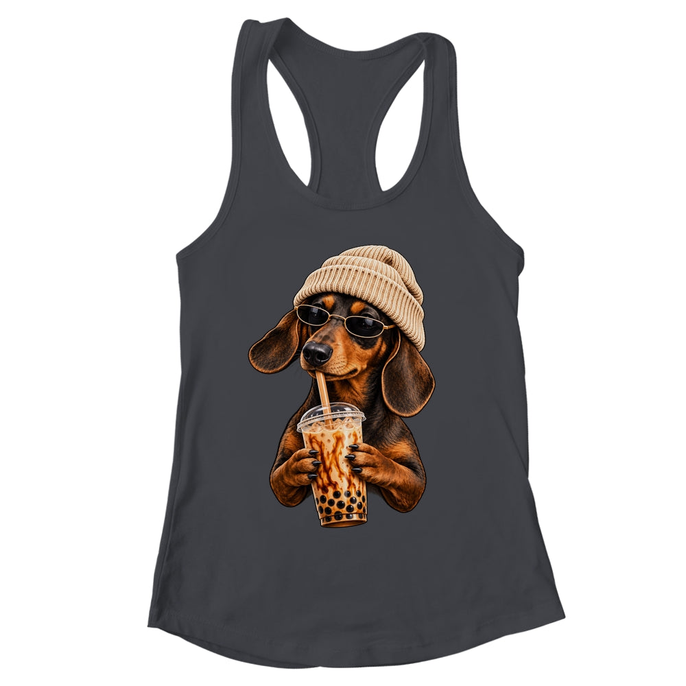 Funny Dachshund Hipster Dog Wiener Drinking Iced Coffee Shirt & Tank Top | siriusteestore