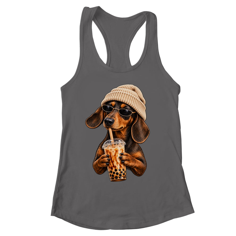 Funny Dachshund Hipster Dog Wiener Drinking Iced Coffee Shirt & Tank Top | siriusteestore