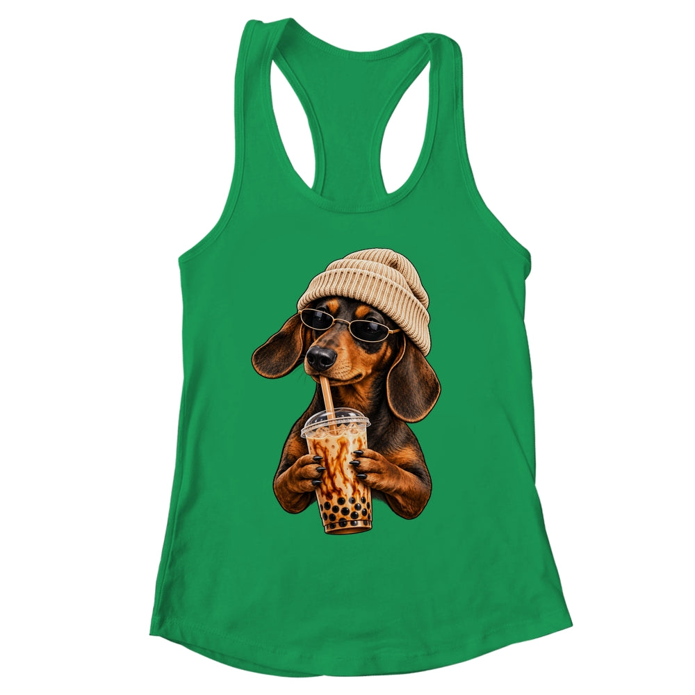 Funny Dachshund Hipster Dog Wiener Drinking Iced Coffee Shirt & Tank Top | siriusteestore