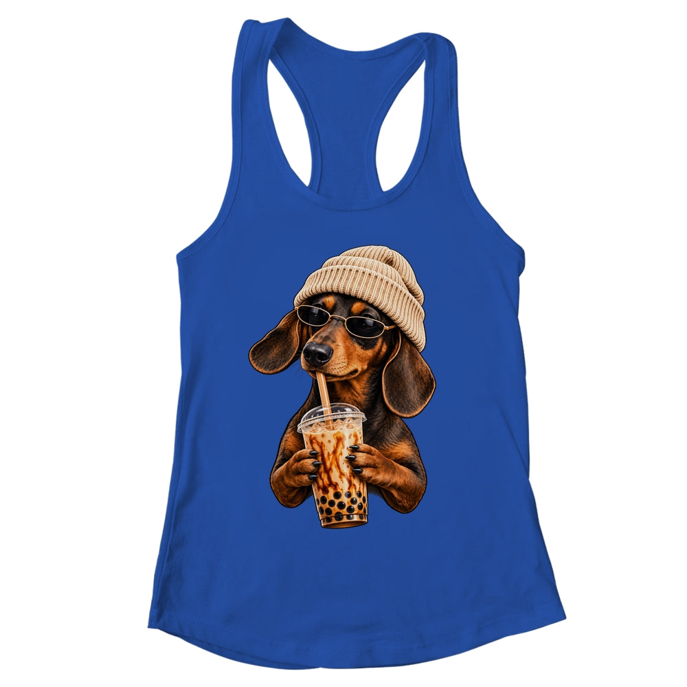 Funny Dachshund Hipster Dog Wiener Drinking Iced Coffee Shirt & Tank Top | siriusteestore