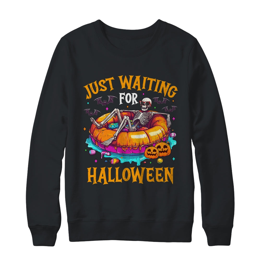 Funny Just Waiting For Halloween Skeleton Spooky Vibe Summer Shirt & Sweatshirt | siriusteestore