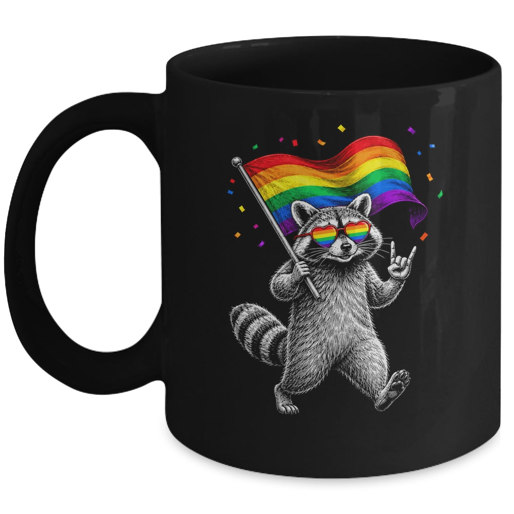 Funny LGBT Ally Raccoon Holding A Rainbow Flag Lgbt Support Mug | siriusteestore