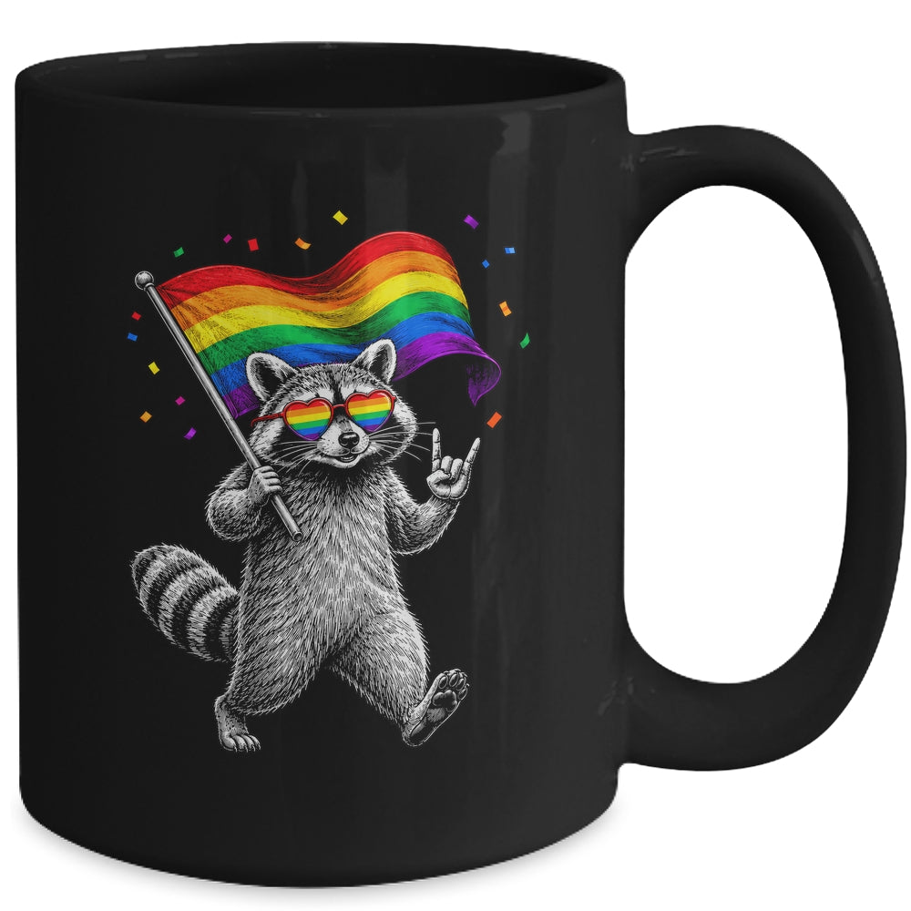 Funny LGBT Ally Raccoon Holding A Rainbow Flag Lgbt Support Mug | siriusteestore