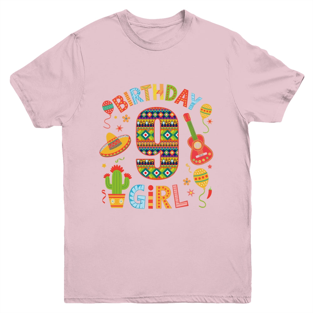 Funny Mexican Party 9th Birthday Girl Fiesta 9 Year Old Youth Shirt | siriusteestore