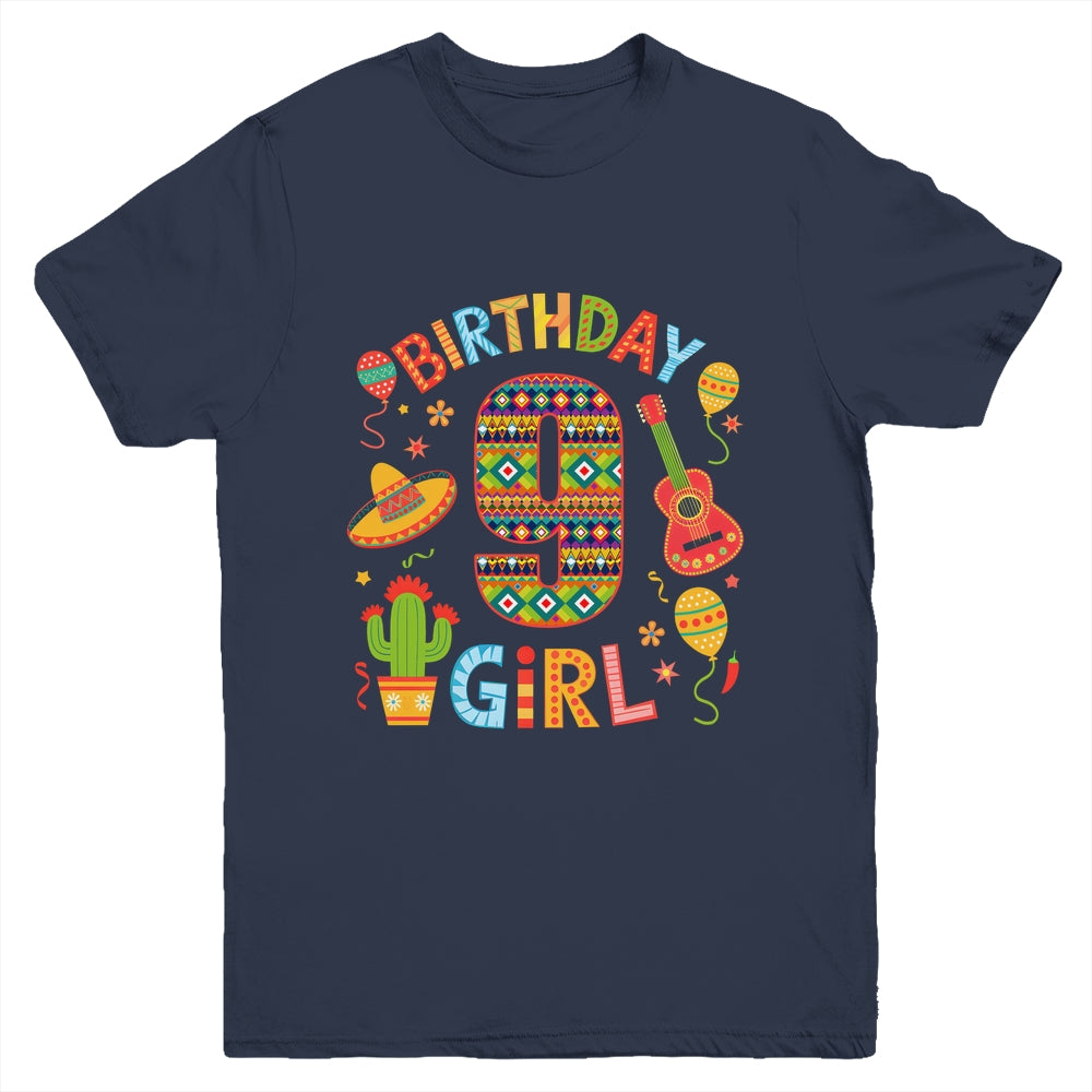 Funny Mexican Party 9th Birthday Girl Fiesta 9 Year Old Youth Shirt | siriusteestore