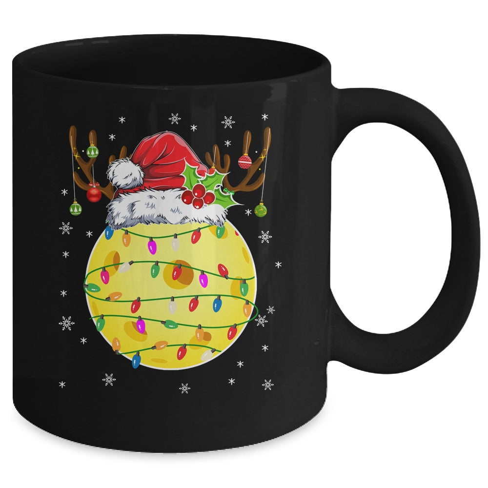 Funny Pickleball Reindeer Santa Hat Christmas Lights Holiday Mug | siriusteestore