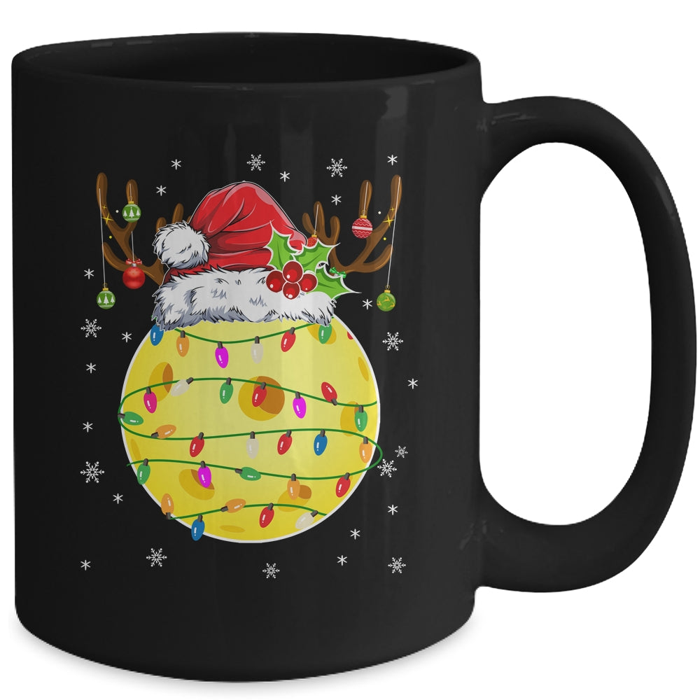 Funny Pickleball Reindeer Santa Hat Christmas Lights Holiday Mug | siriusteestore