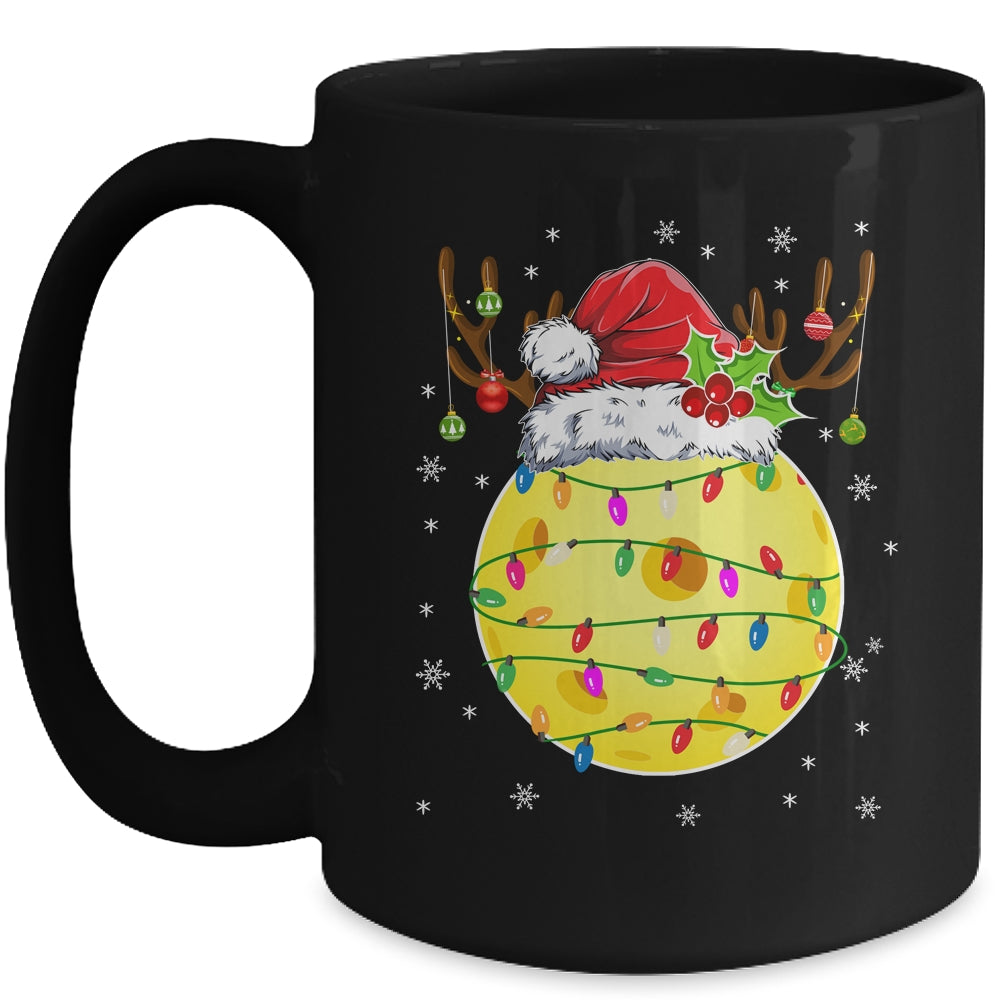Funny Pickleball Reindeer Santa Hat Christmas Lights Holiday Mug | siriusteestore