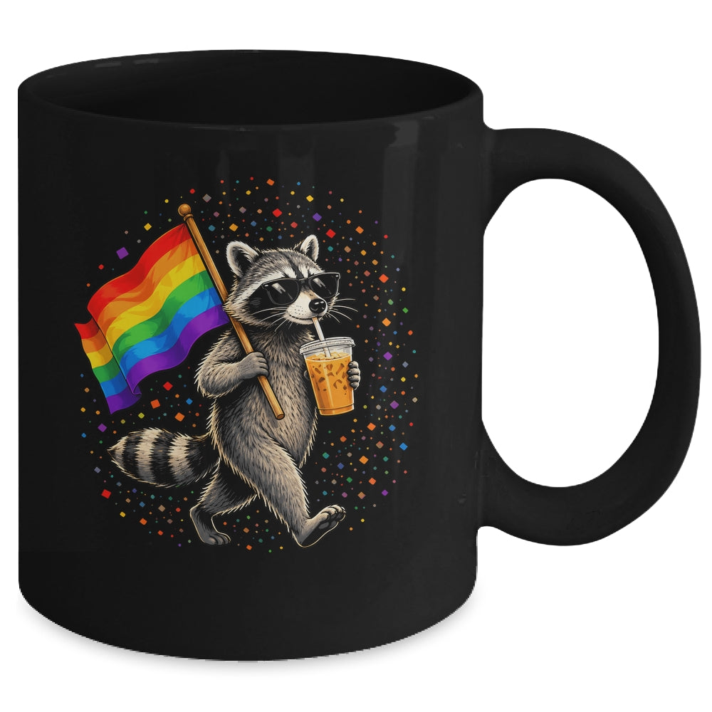 Funny Raccoon Drinking Iced Coffee Rainbow Flag Lgbtq Pride Mug | siriusteestore