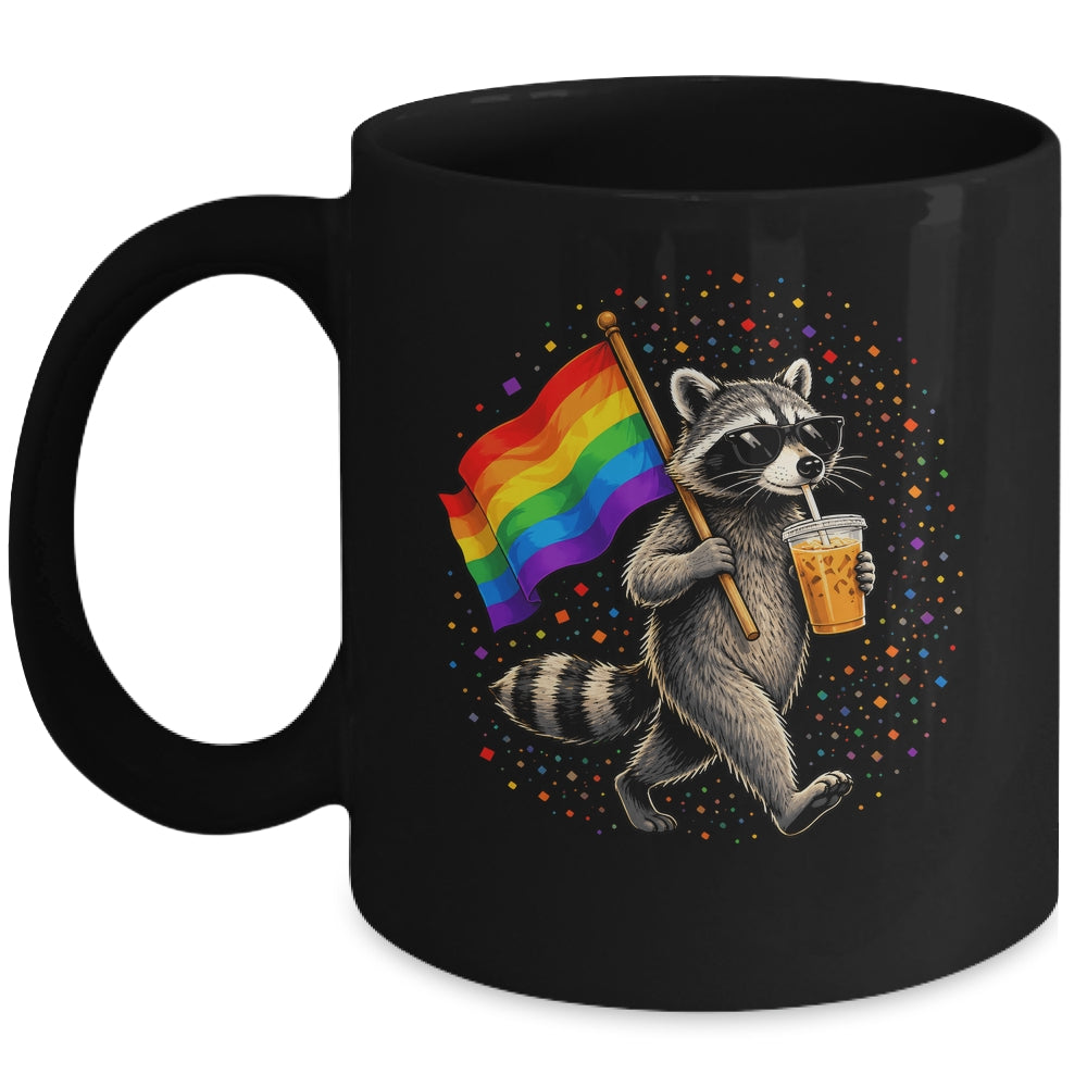 Funny Raccoon Drinking Iced Coffee Rainbow Flag Lgbtq Pride Mug | siriusteestore