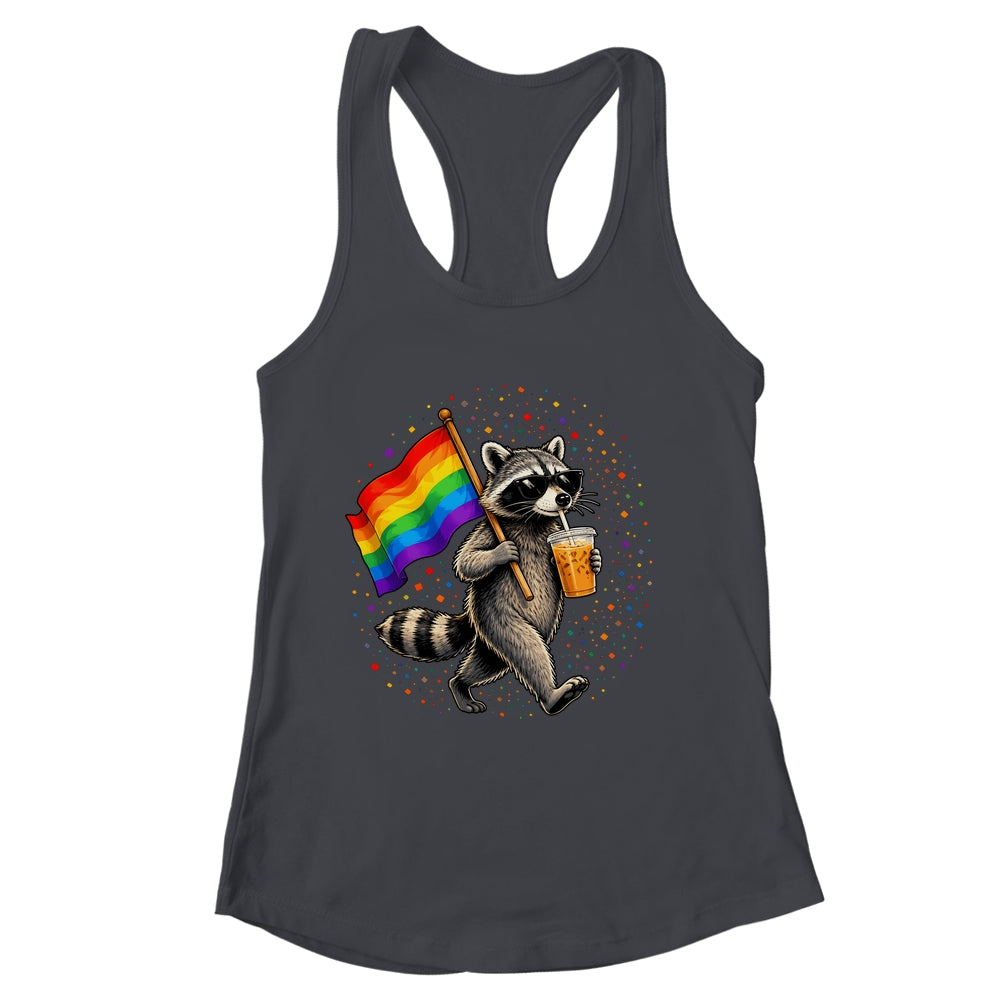 Funny Raccoon Drinking Iced Coffee Rainbow Flag Lgbtq Pride Shirt & Tank Top | siriusteestore