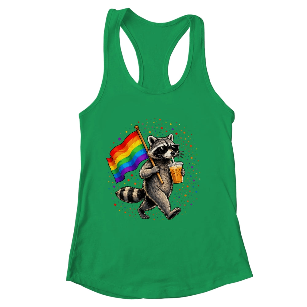 Funny Raccoon Drinking Iced Coffee Rainbow Flag Lgbtq Pride Shirt & Tank Top | siriusteestore