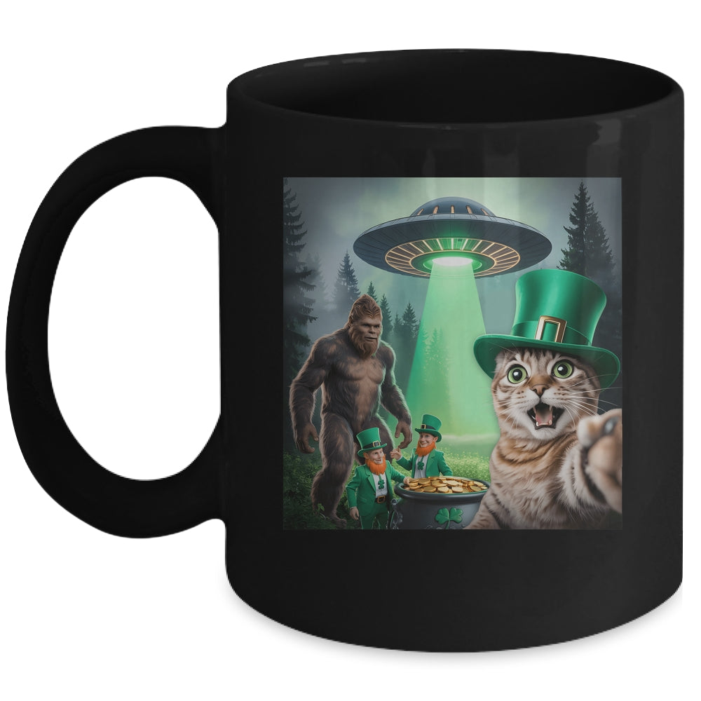 Funny St Patricks Day Cat Selfie With Leprechaun Bigfoot UFO Mug | siriusteestore