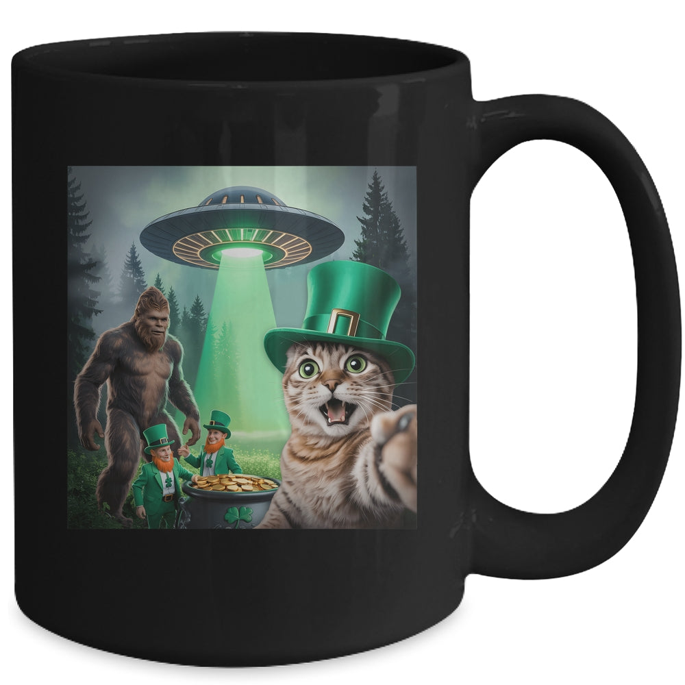 Funny St Patricks Day Cat Selfie With Leprechaun Bigfoot UFO Mug | siriusteestore