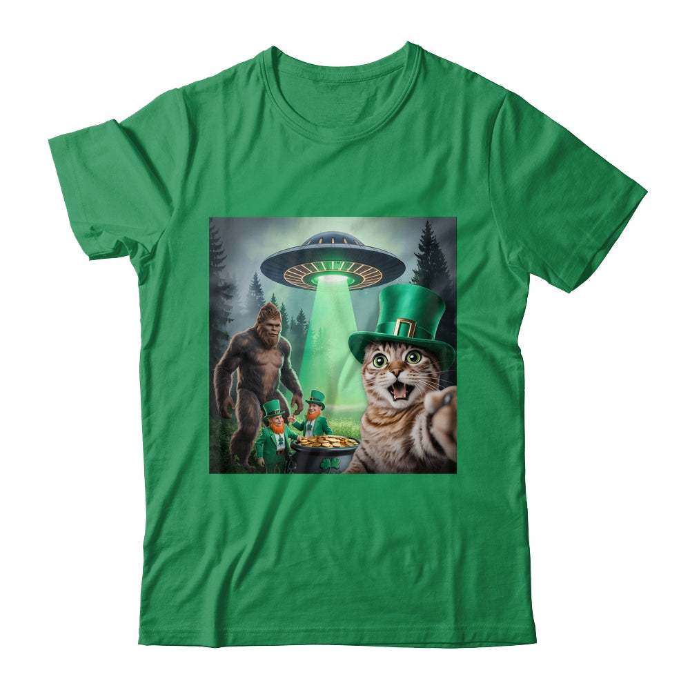 Funny St Patricks Day Cat Selfie With Leprechaun Bigfoot UFO Shirt & Hoodie | siriusteestore