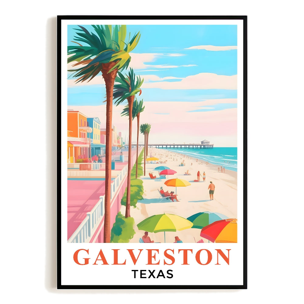 Galveston Art Print Poster Vintage Tropical Coastal Beach Scene Texas Travel Souvenir Wall Art Landscape Painting For Home Living Room Office Bedroom Decor Unframed | siriusteestore