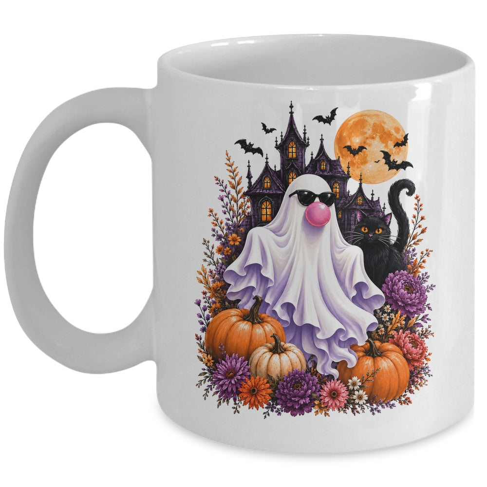 Ghost Blowing Bubble Gum Brushstroke Halloween House Floral Mug | siriusteestore