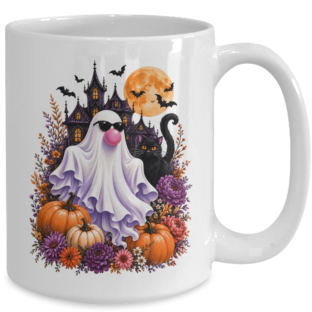 Ghost Blowing Bubble Gum Brushstroke Halloween House Floral Mug | siriusteestore