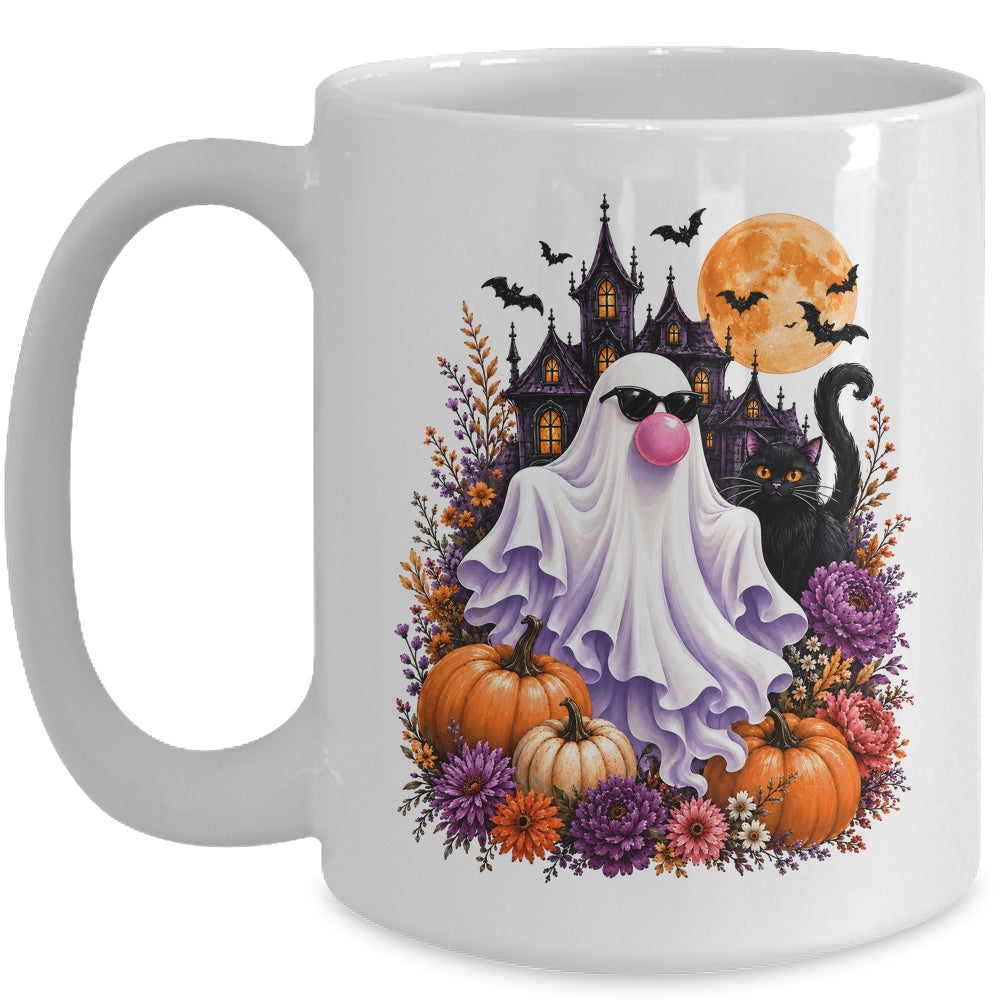 Ghost Blowing Bubble Gum Brushstroke Halloween House Floral Mug | siriusteestore