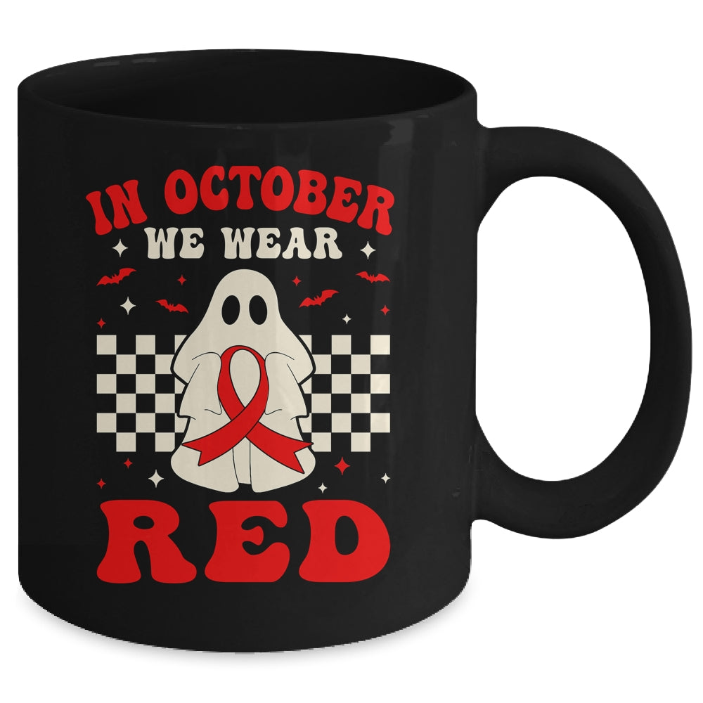 Ghost In October We Wear Red  For Red Ribbon Week Awareness Mug | siriusteestore
